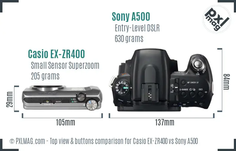 Casio EX-ZR400 vs Sony A500 top view buttons comparison