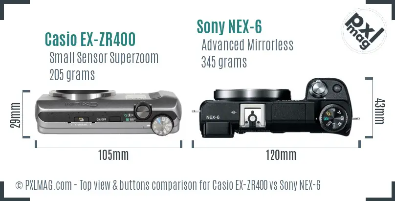 Casio EX-ZR400 vs Sony NEX-6 top view buttons comparison Casio EX-ZR400 vs Sony NEX-6 top view buttons comparison