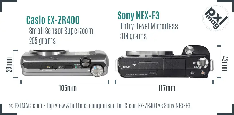 Casio EX-ZR400 vs Sony NEX-F3 top view buttons comparison