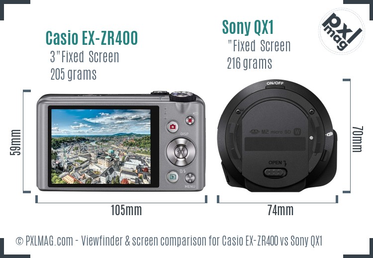 Casio EX-ZR400 vs Sony QX1 Screen and Viewfinder comparison