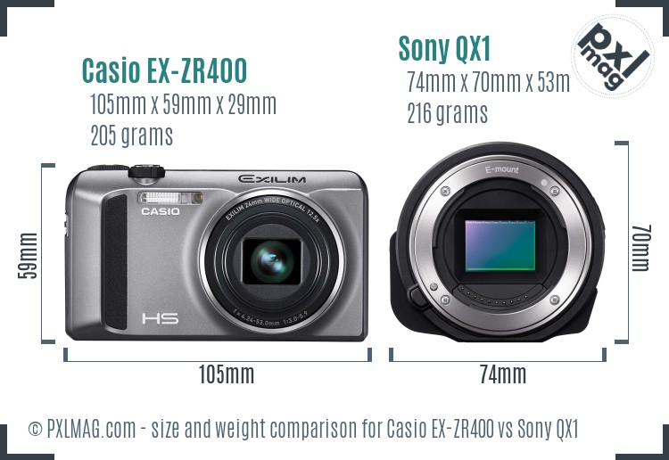 Casio EX-ZR400 vs Sony QX1 size comparison