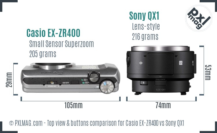 Casio EX-ZR400 vs Sony QX1 top view buttons comparison