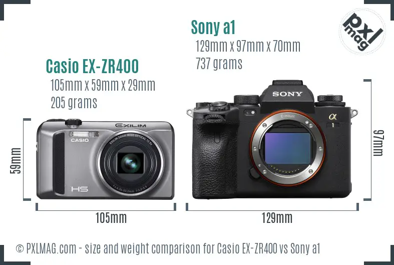 Casio EX-ZR400 vs Sony a1 size comparison