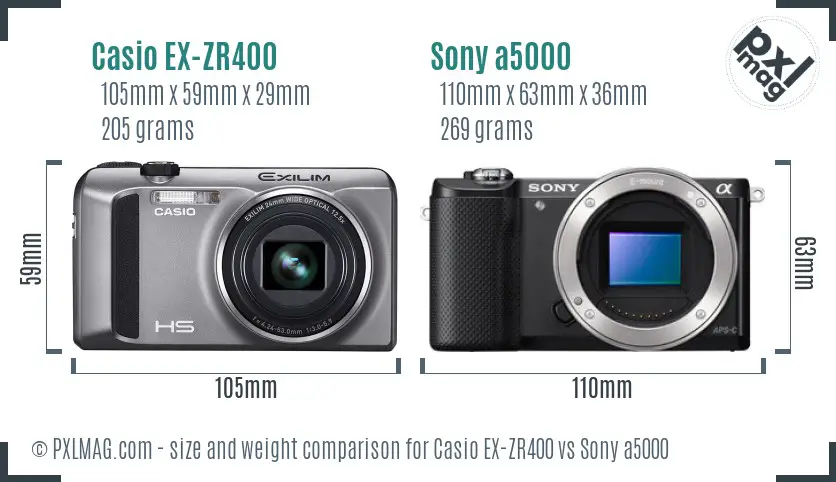 Casio EX-ZR400 vs Sony a5000 size comparison