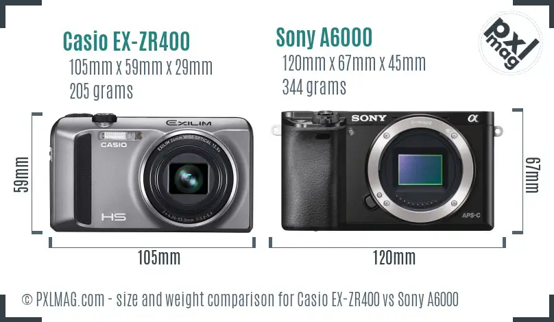 Casio EX-ZR400 vs Sony A6000 size comparison