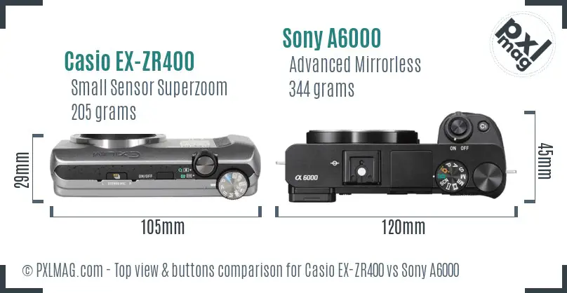 Casio EX-ZR400 vs Sony A6000 top view buttons comparison