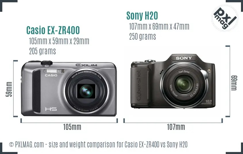 Casio EX-ZR400 vs Sony H20 size comparison