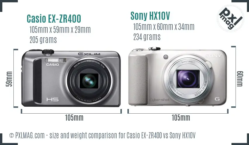 Casio EX-ZR400 vs Sony HX10V size comparison