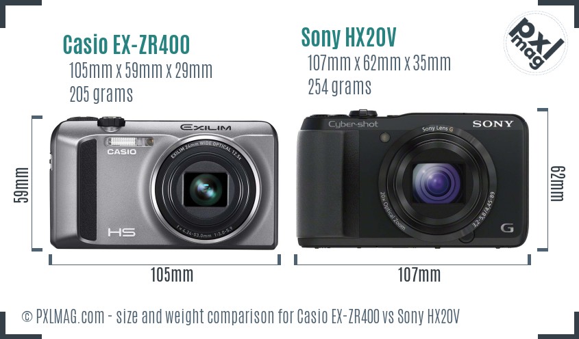 Casio EX-ZR400 vs Sony HX20V size comparison