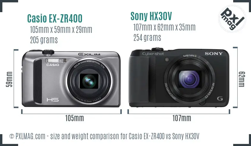 Casio EX-ZR400 vs Sony HX30V size comparison