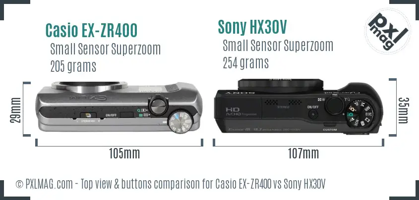 Casio EX-ZR400 vs Sony HX30V top view buttons comparison