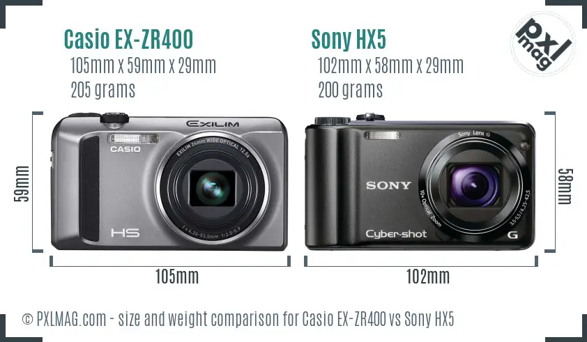Casio EX-ZR400 vs Sony HX5 size comparison