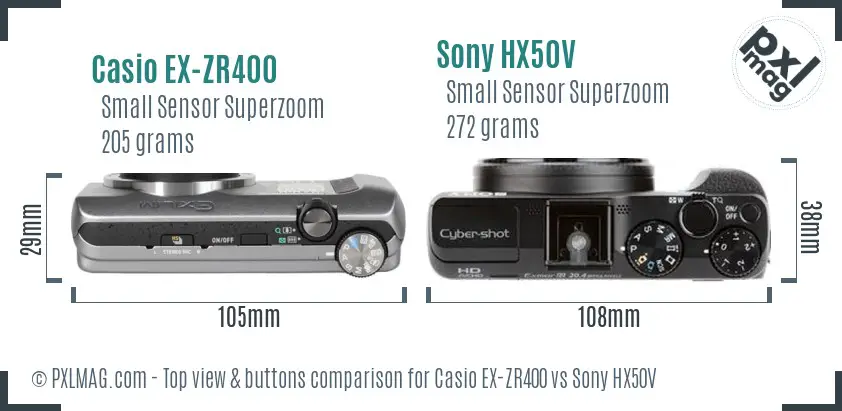 Casio EX-ZR400 vs Sony HX50V top view buttons comparison Casio EX-ZR400 vs Sony HX50V top view buttons comparison