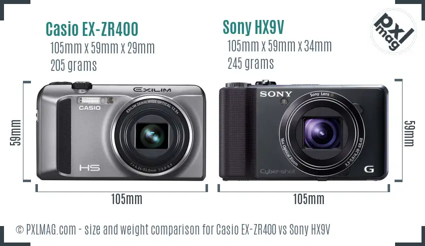 Casio EX-ZR400 vs Sony HX9V size comparison