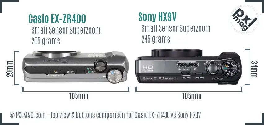 Casio EX-ZR400 vs Sony HX9V top view buttons comparison