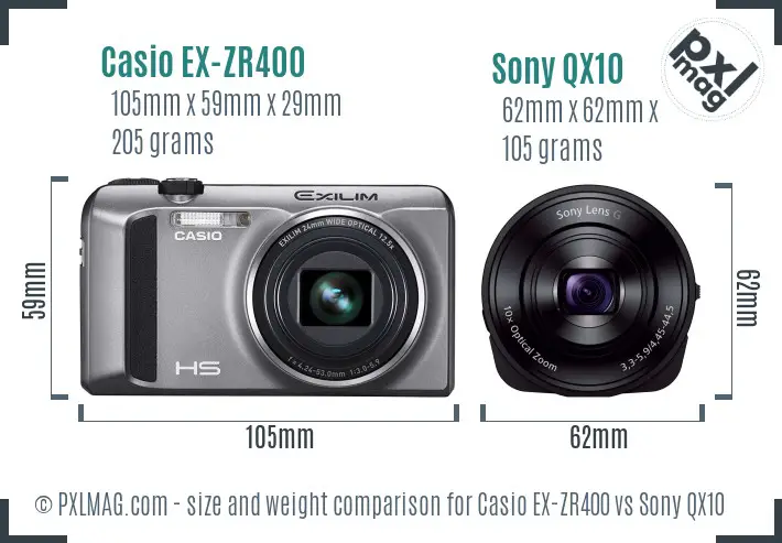 Casio EX-ZR400 vs Sony QX10 size comparison