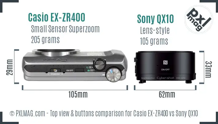 Casio EX-ZR400 vs Sony QX10 top view buttons comparison