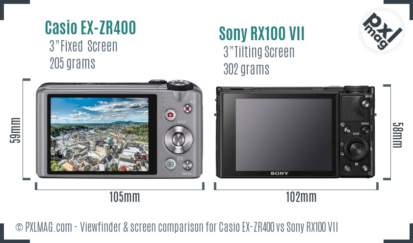 Casio EX-ZR400 vs Sony RX100 VII Screen and Viewfinder comparison
