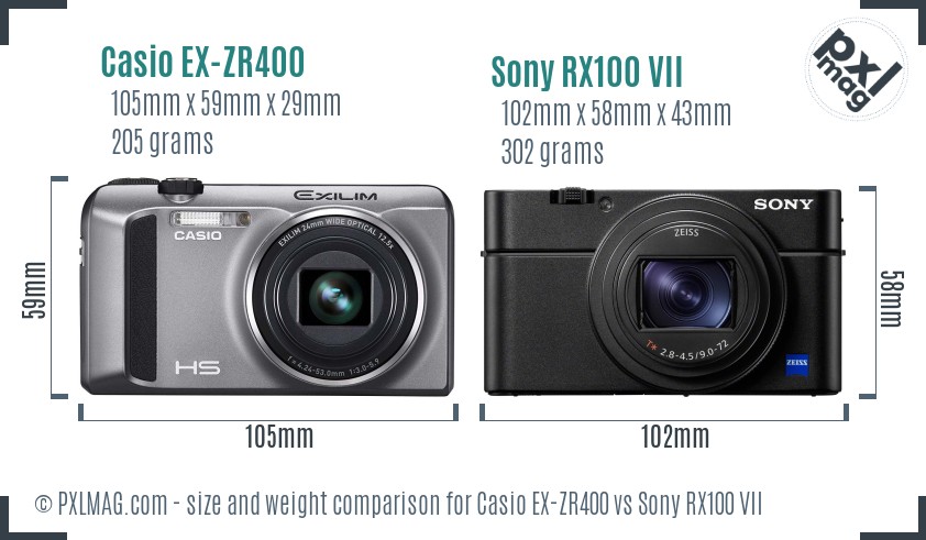 Casio EX-ZR400 vs Sony RX100 VII size comparison