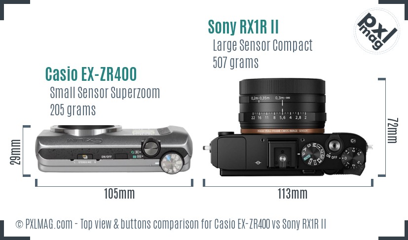 Casio EX-ZR400 vs Sony RX1R II top view buttons comparison