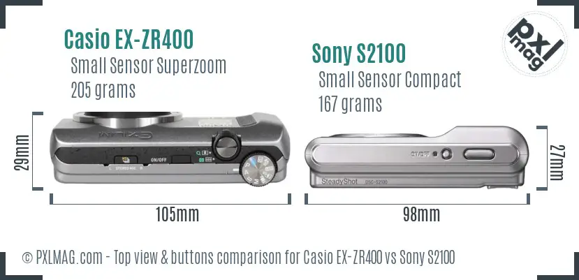 Casio EX-ZR400 vs Sony S2100 top view buttons comparison Casio EX-ZR400 vs Sony S2100 top view buttons comparison