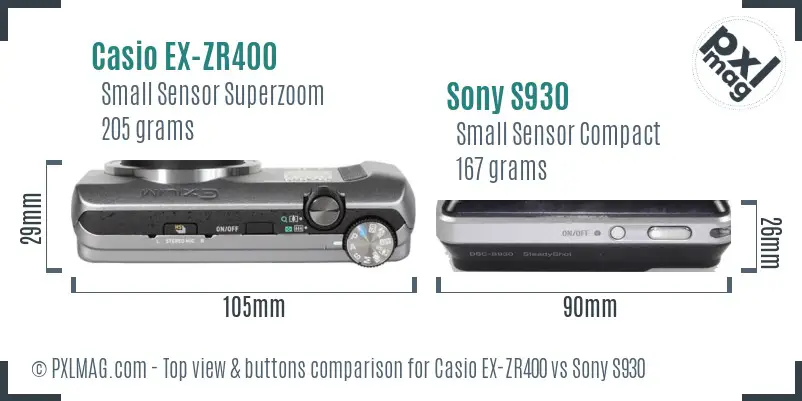 Casio EX-ZR400 vs Sony S930 top view buttons comparison Casio EX-ZR400 vs Sony S930 top view buttons comparison