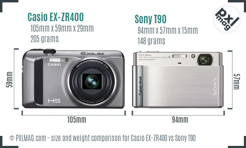 Casio EX-ZR400 vs Sony T90 size comparison