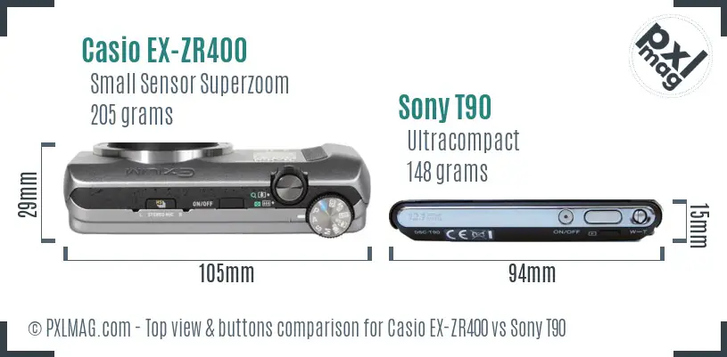 Casio EX-ZR400 vs Sony T90 top view buttons comparison