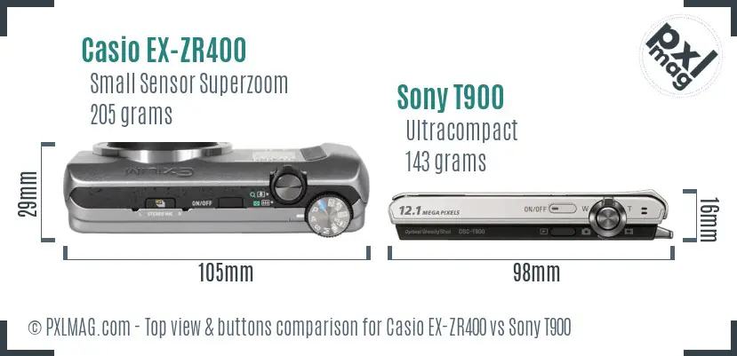 Casio EX-ZR400 vs Sony T900 top view buttons comparison Casio EX-ZR400 vs Sony T900 top view buttons comparison