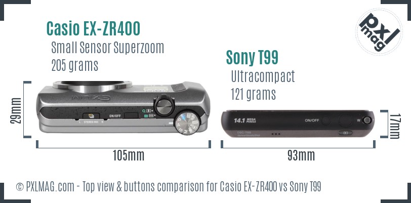 Casio EX-ZR400 vs Sony T99 top view buttons comparison