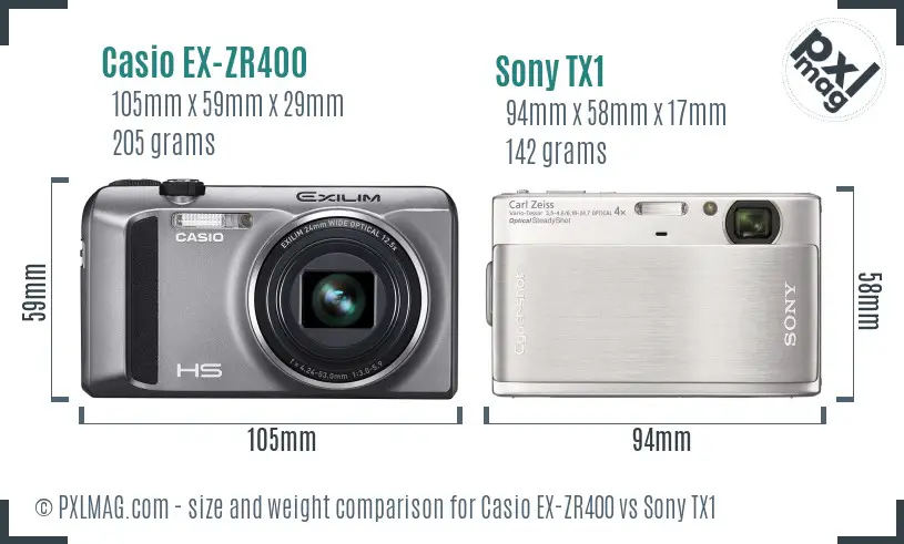 Casio EX-ZR400 vs Sony TX1 size comparison