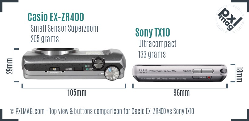 Casio EX-ZR400 vs Sony TX10 top view buttons comparison