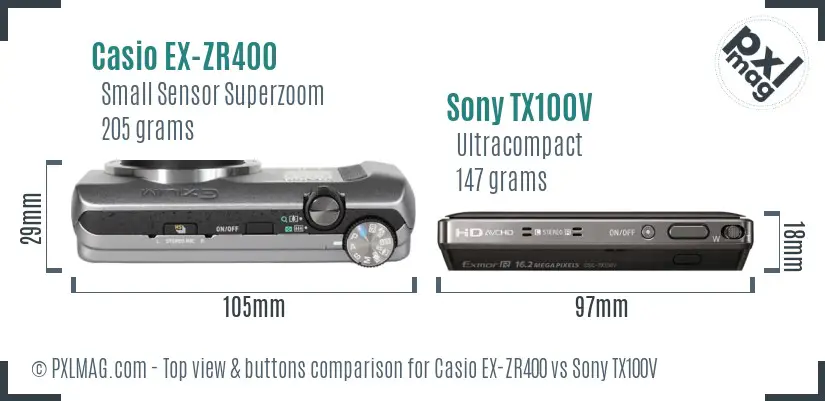 Casio EX-ZR400 vs Sony TX100V top view buttons comparison Casio EX-ZR400 vs Sony TX100V top view buttons comparison