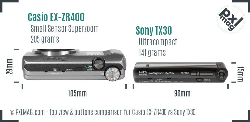 Casio EX-ZR400 vs Sony TX30 top view buttons comparison