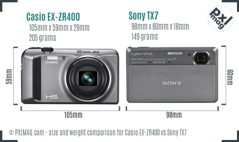 Casio EX-ZR400 vs Sony TX7 size comparison