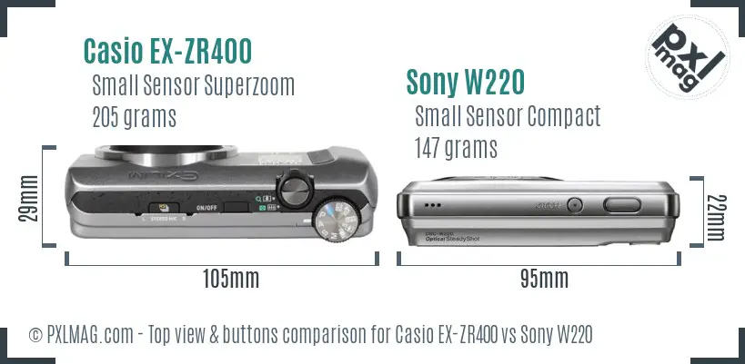 Casio EX-ZR400 vs Sony W220 top view buttons comparison Casio EX-ZR400 vs Sony W220 top view buttons comparison