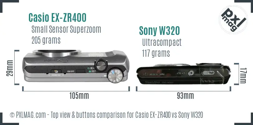 Casio EX-ZR400 vs Sony W320 top view buttons comparison Casio EX-ZR400 vs Sony W320 top view buttons comparison