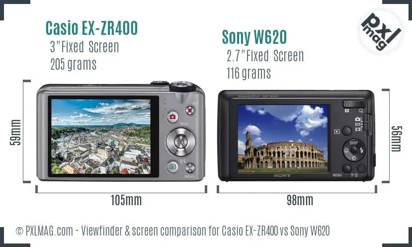 Casio EX-ZR400 vs Sony W620 Screen and Viewfinder comparison