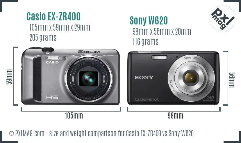 Casio EX-ZR400 vs Sony W620 size comparison