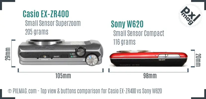 Casio EX-ZR400 vs Sony W620 top view buttons comparison