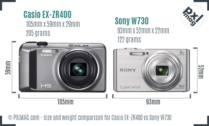 Casio EX-ZR400 vs Sony W730 size comparison