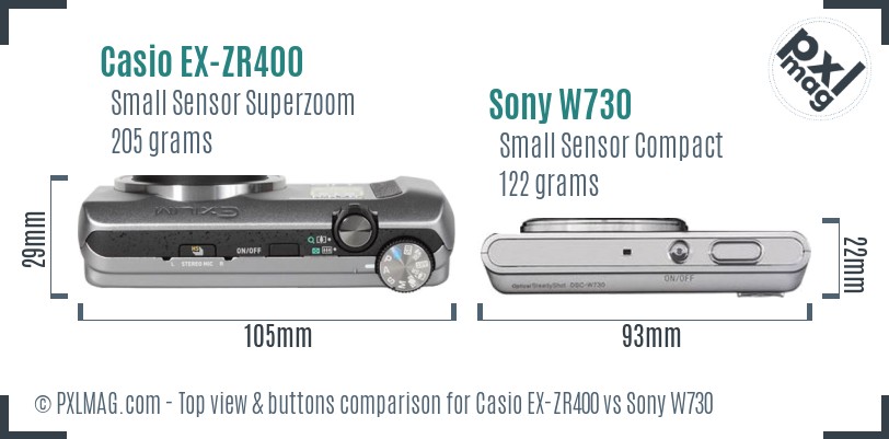 Casio EX-ZR400 vs Sony W730 top view buttons comparison