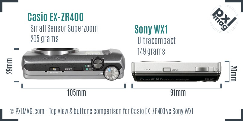 Casio EX-ZR400 vs Sony WX1 top view buttons comparison
