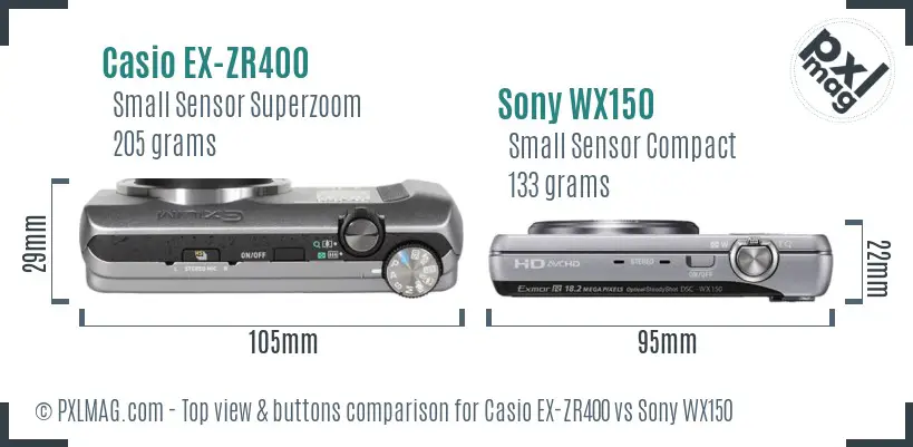 Casio EX-ZR400 vs Sony WX150 top view buttons comparison Casio EX-ZR400 vs Sony WX150 top view buttons comparison