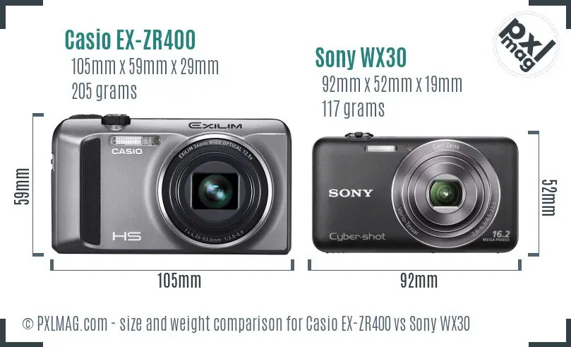 Casio EX-ZR400 vs Sony WX30 size comparison