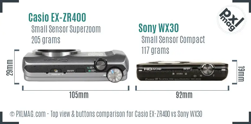 Casio EX-ZR400 vs Sony WX30 top view buttons comparison