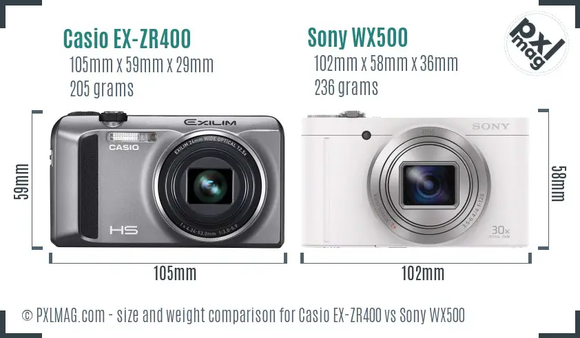 Casio EX-ZR400 vs Sony WX500 size comparison
