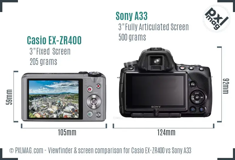 Casio EX-ZR400 vs Sony A33 Screen and Viewfinder comparison