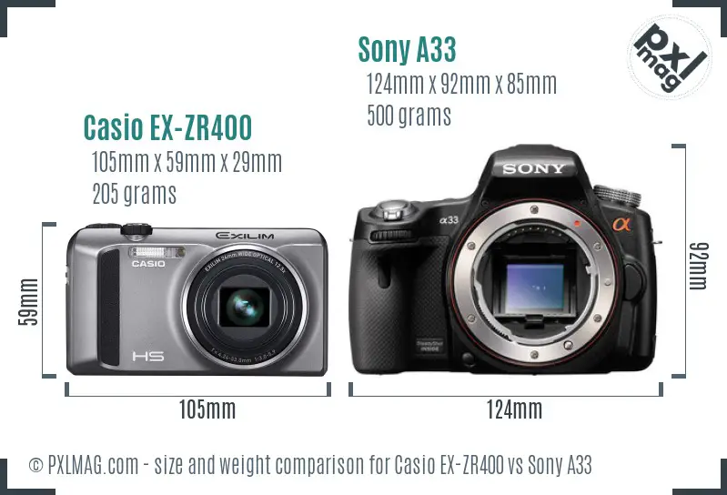 Casio EX-ZR400 vs Sony A33 size comparison