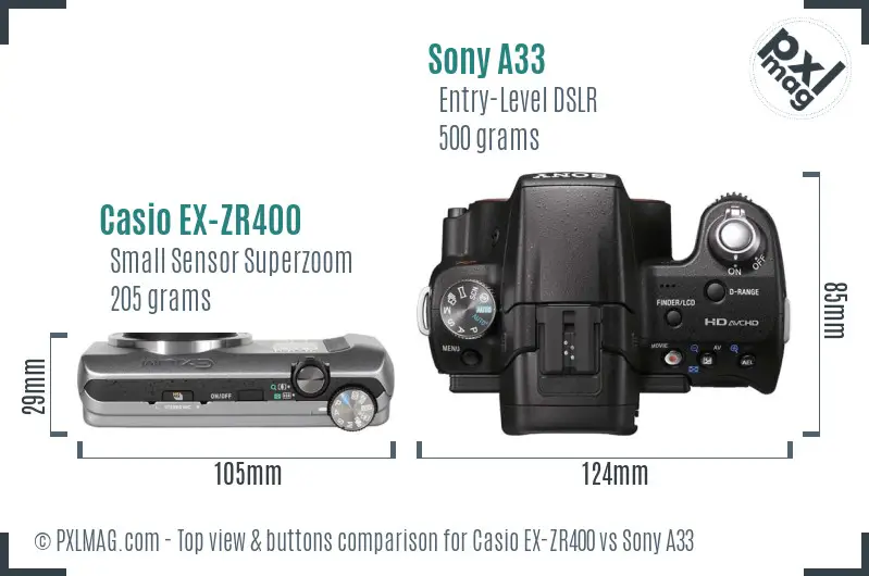 Casio EX-ZR400 vs Sony A33 top view buttons comparison